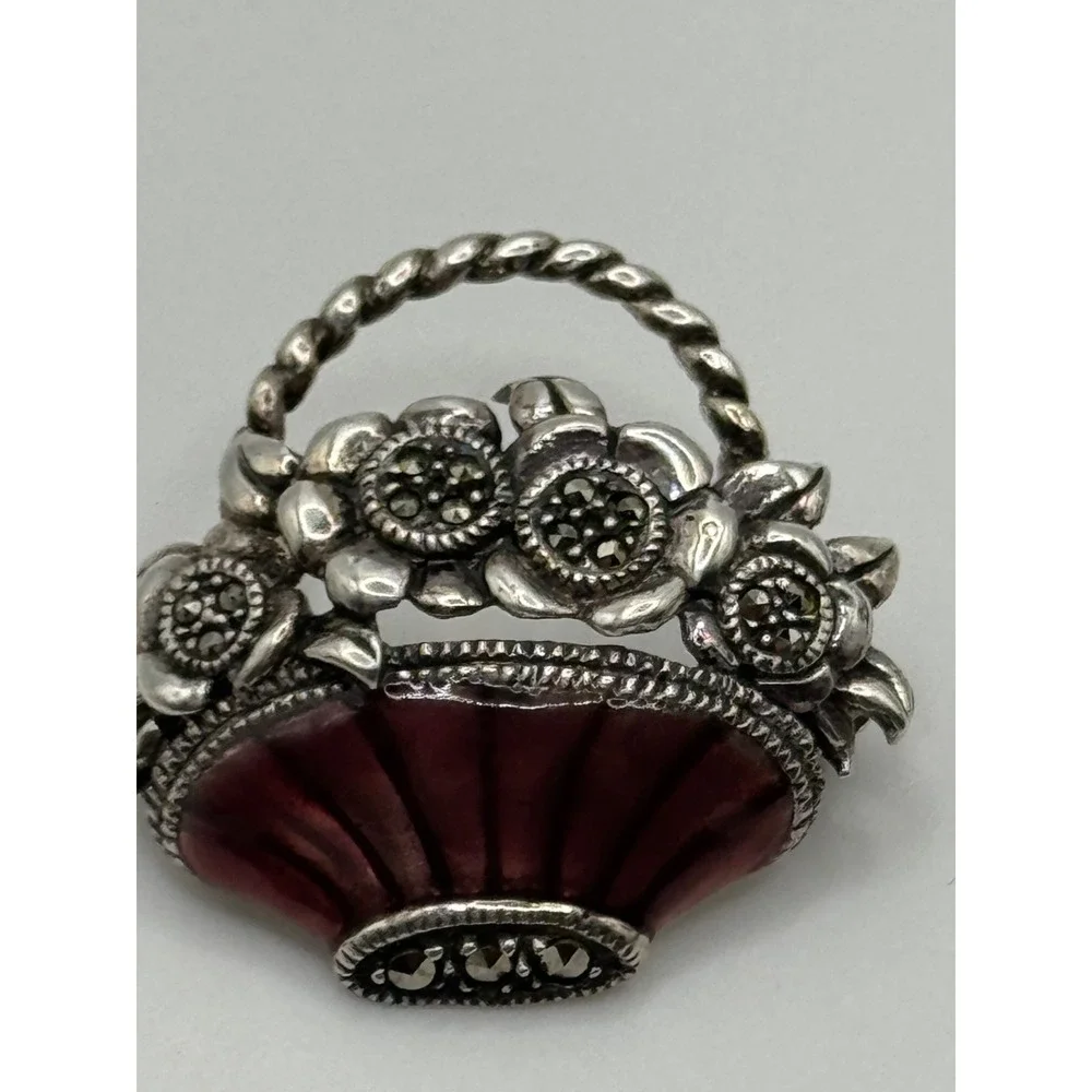 Judith Jack Sterling Silver Marcasite Enamel Flower Basket‎ Brooch Pin